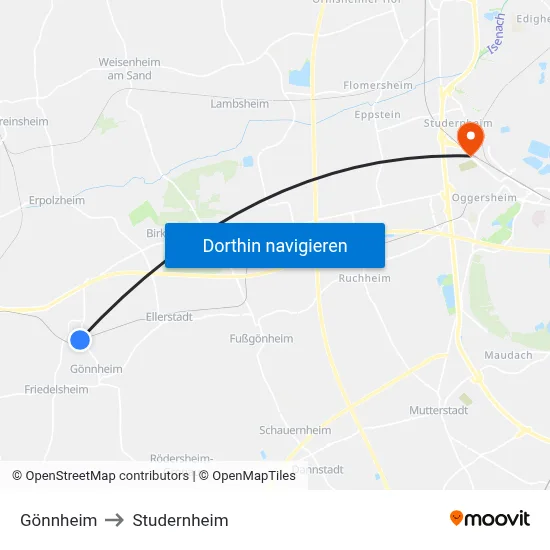 Gönnheim to Studernheim map