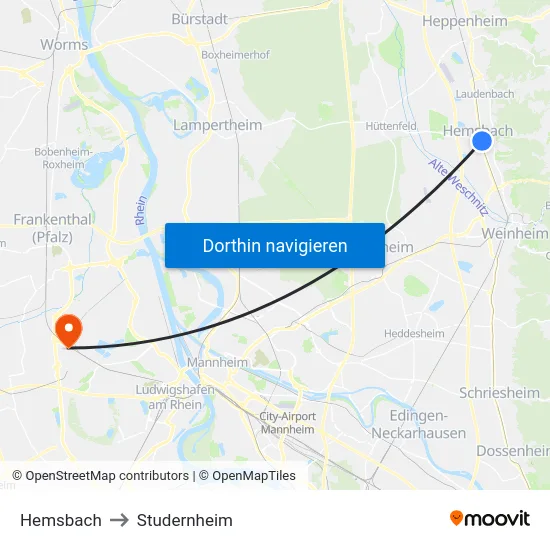 Hemsbach to Studernheim map