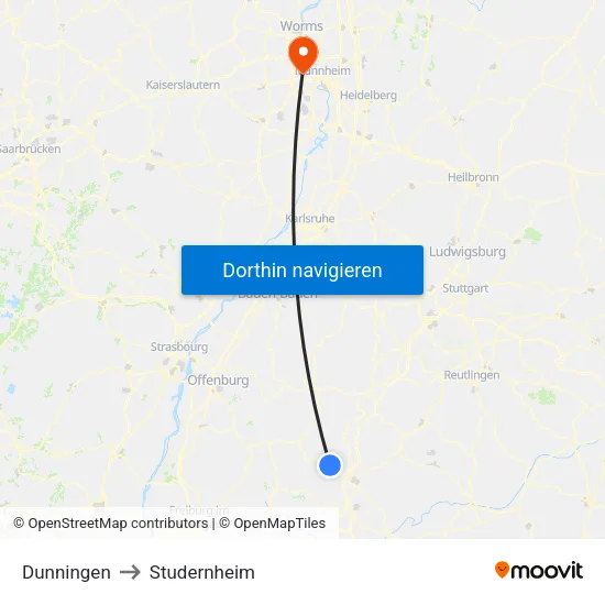 Dunningen to Studernheim map