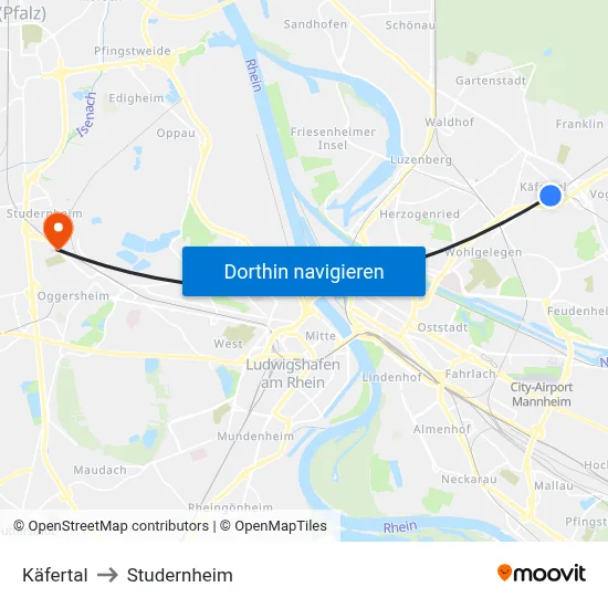 Käfertal to Studernheim map