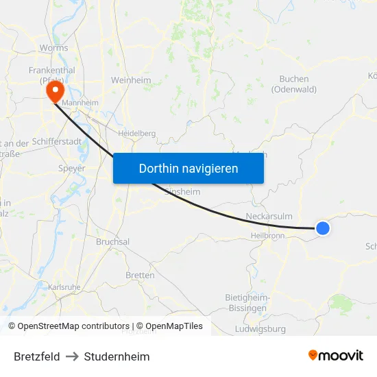Bretzfeld to Studernheim map