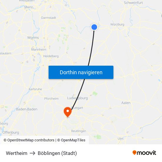 Wertheim to Böblingen (Stadt) map