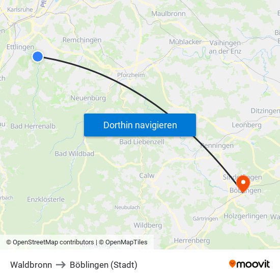 Waldbronn to Böblingen (Stadt) map