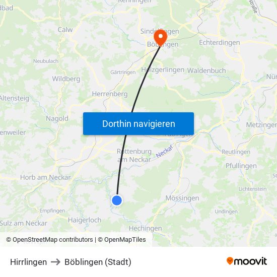 Hirrlingen to Böblingen (Stadt) map