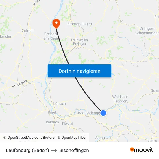 Laufenburg (Baden) to Bischoffingen map