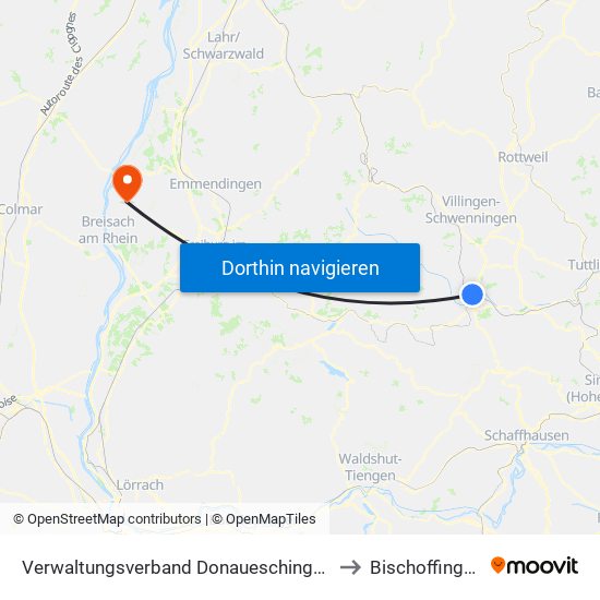 Verwaltungsverband Donaueschingen to Bischoffingen map