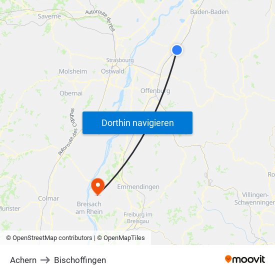 Achern to Bischoffingen map