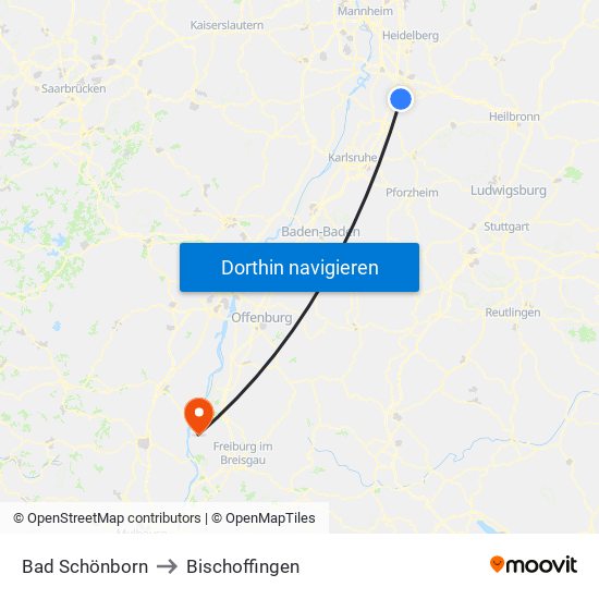 Bad Schönborn to Bischoffingen map