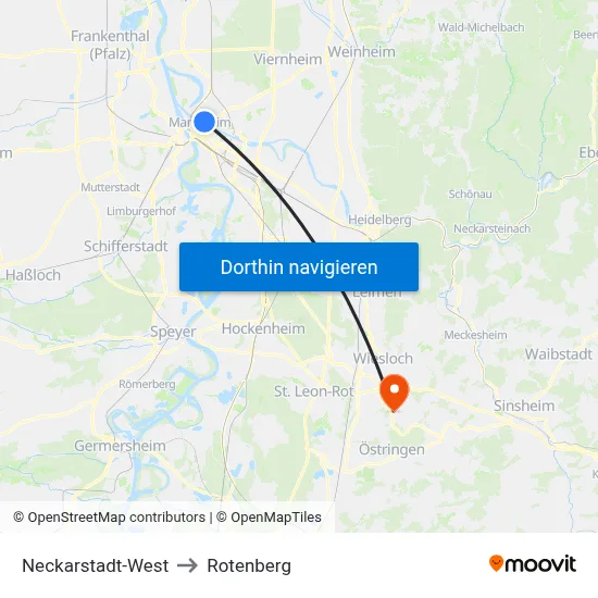 Neckarstadt-West to Rotenberg map