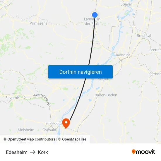 Edesheim to Kork map