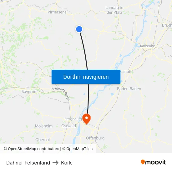 Dahner Felsenland to Kork map