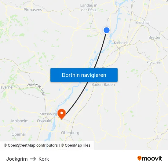 Jockgrim to Kork map