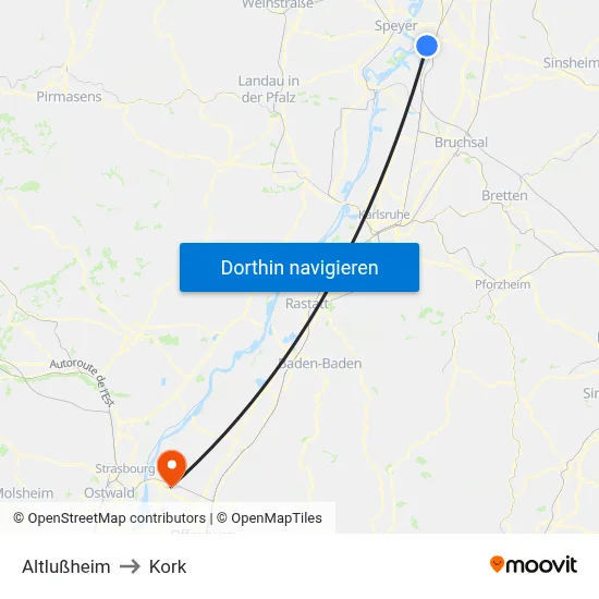 Altlußheim to Kork map