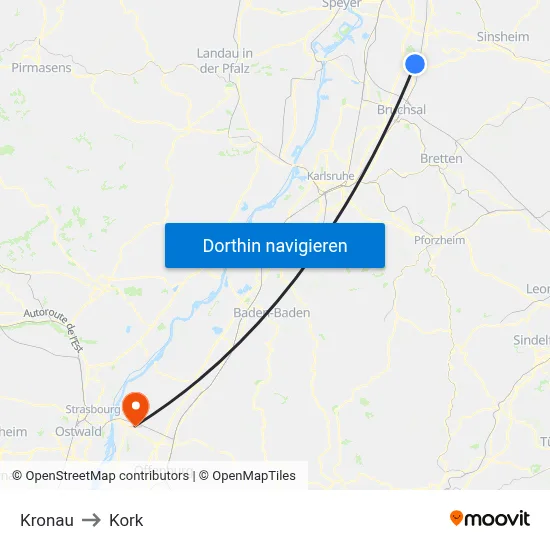 Kronau to Kork map