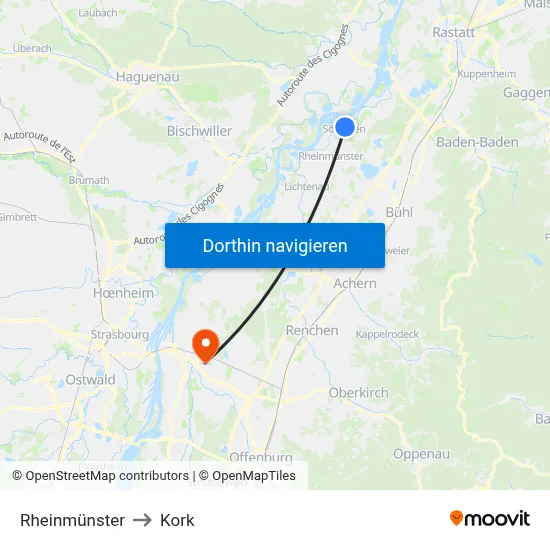 Rheinmünster to Kork map