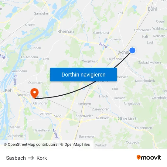 Sasbach to Kork map