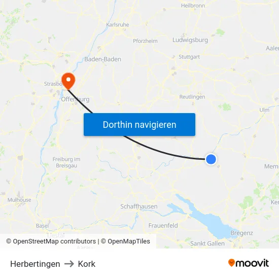 Herbertingen to Kork map