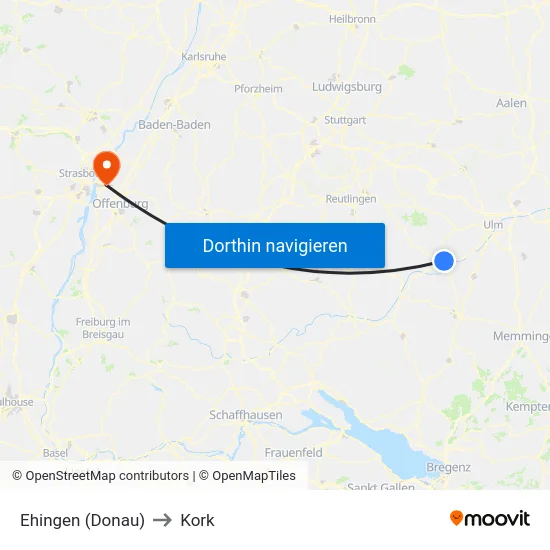Ehingen (Donau) to Kork map