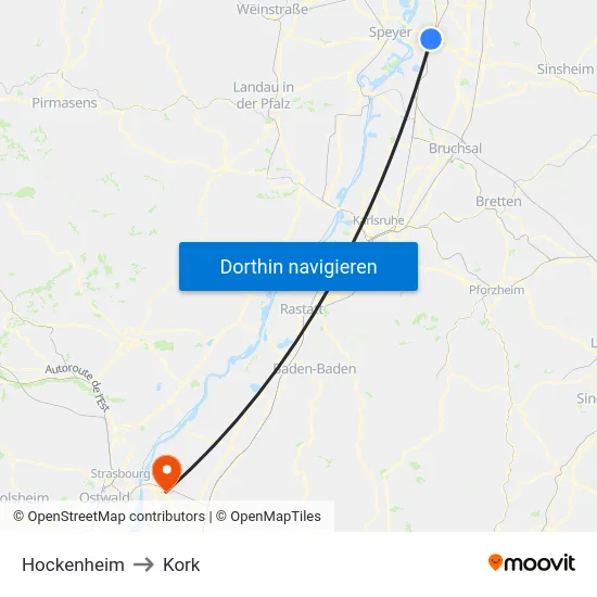 Hockenheim to Kork map