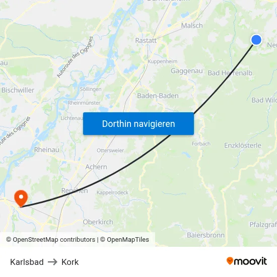 Karlsbad to Kork map