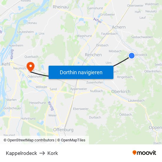 Kappelrodeck to Kork map