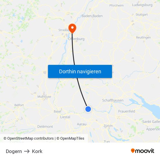 Dogern to Kork map