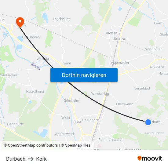 Durbach to Kork map