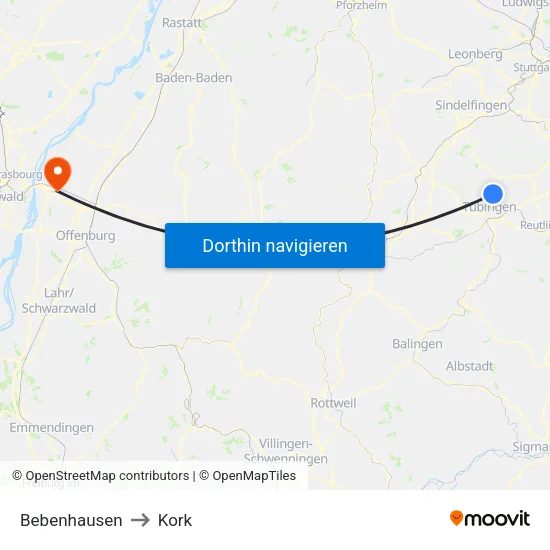 Bebenhausen to Kork map