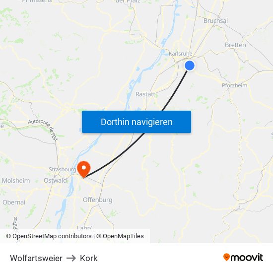 Wolfartsweier to Kork map