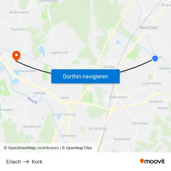 Erlach to Kork map