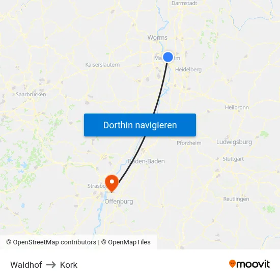 Waldhof to Kork map