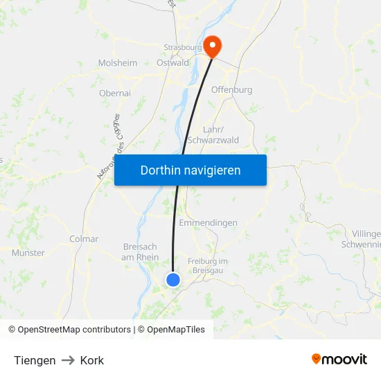 Tiengen to Kork map