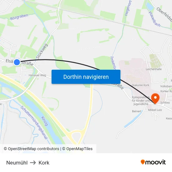 Neumühl to Kork map