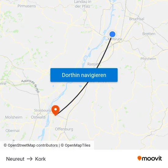 Neureut to Kork map