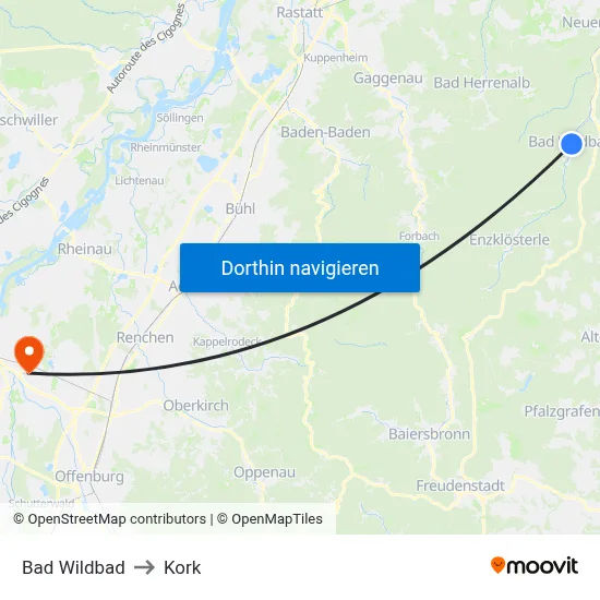 Bad Wildbad to Kork map