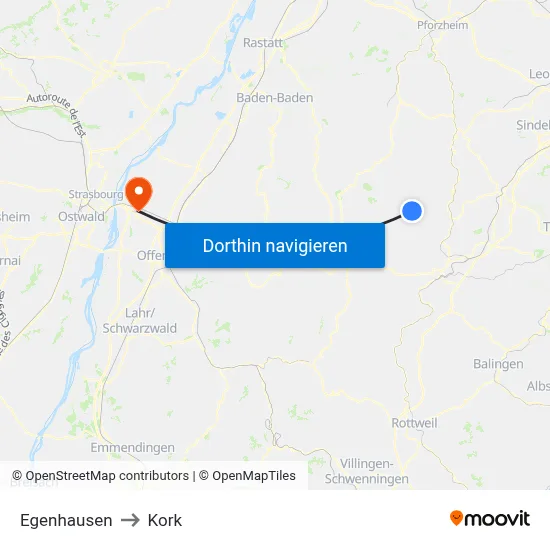 Egenhausen to Kork map