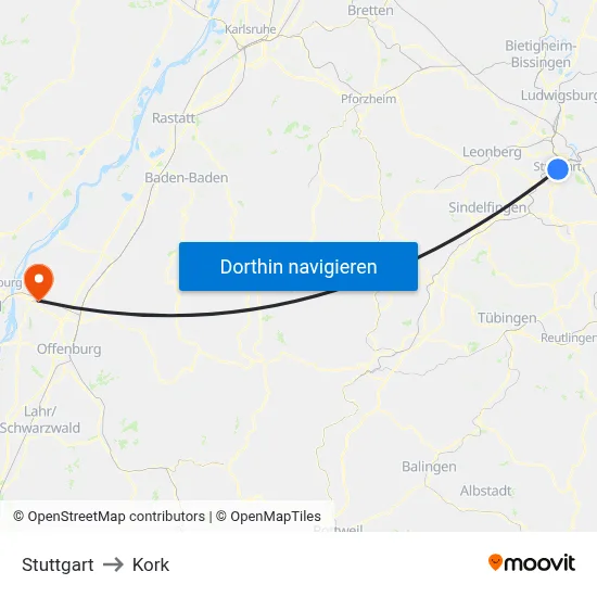 Stuttgart to Kork map