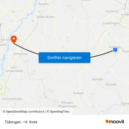 Tübingen to Kork map
