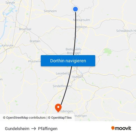 Gundelsheim to Pfäffingen map