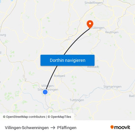 Villingen-Schwenningen to Pfäffingen map
