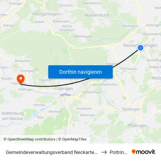 Gemeindeverwaltungsverband Neckartenzlingen to Poltringen map
