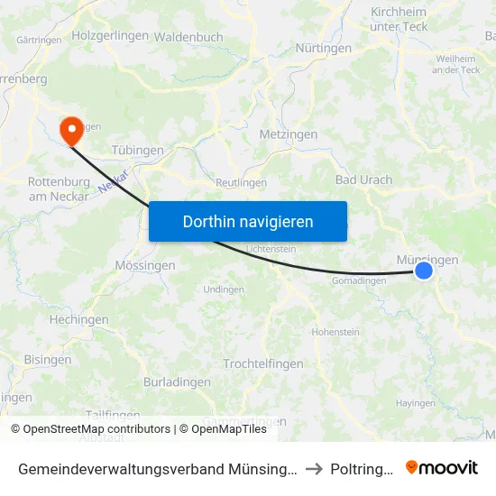 Gemeindeverwaltungsverband Münsingen to Poltringen map