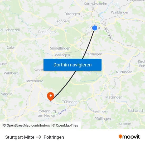 Stuttgart-Mitte to Poltringen map