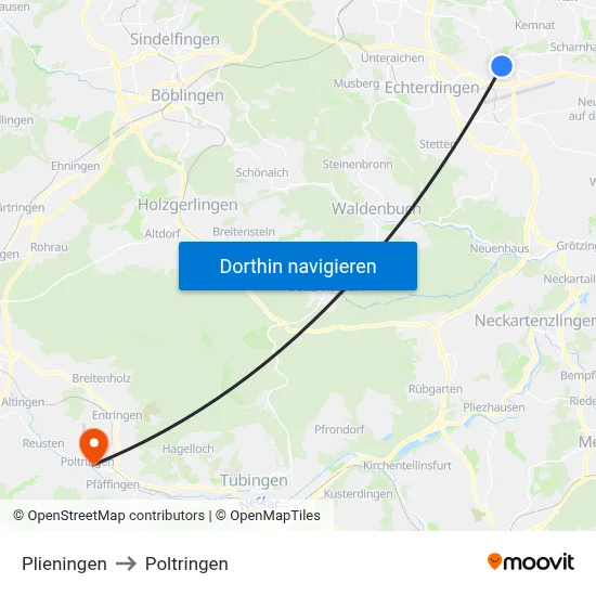 Plieningen to Poltringen map
