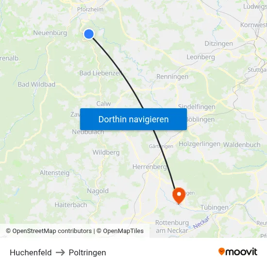 Huchenfeld to Poltringen map