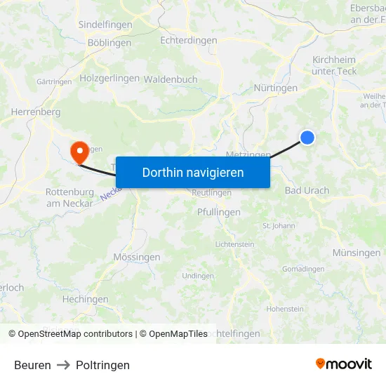 Beuren to Poltringen map