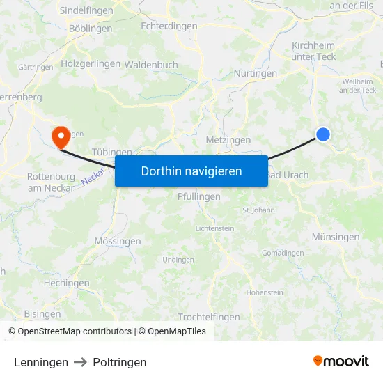 Lenningen to Poltringen map