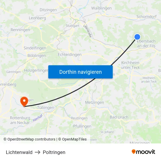 Lichtenwald to Poltringen map