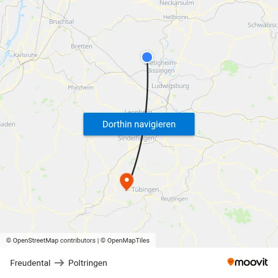 Freudental to Poltringen map