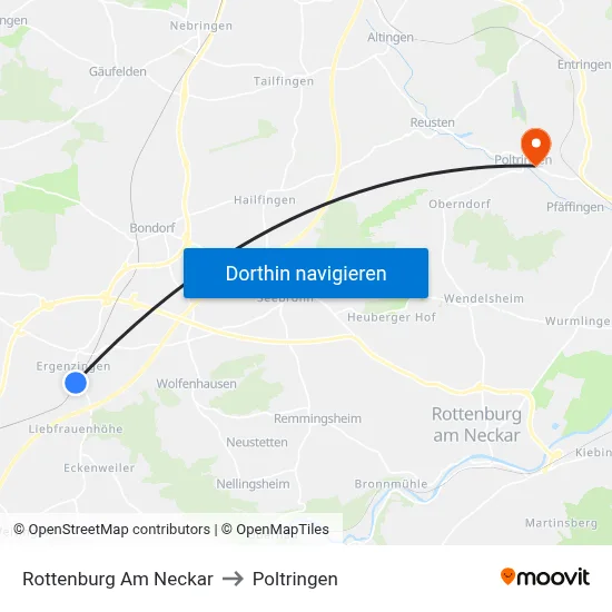 Rottenburg Am Neckar to Poltringen map
